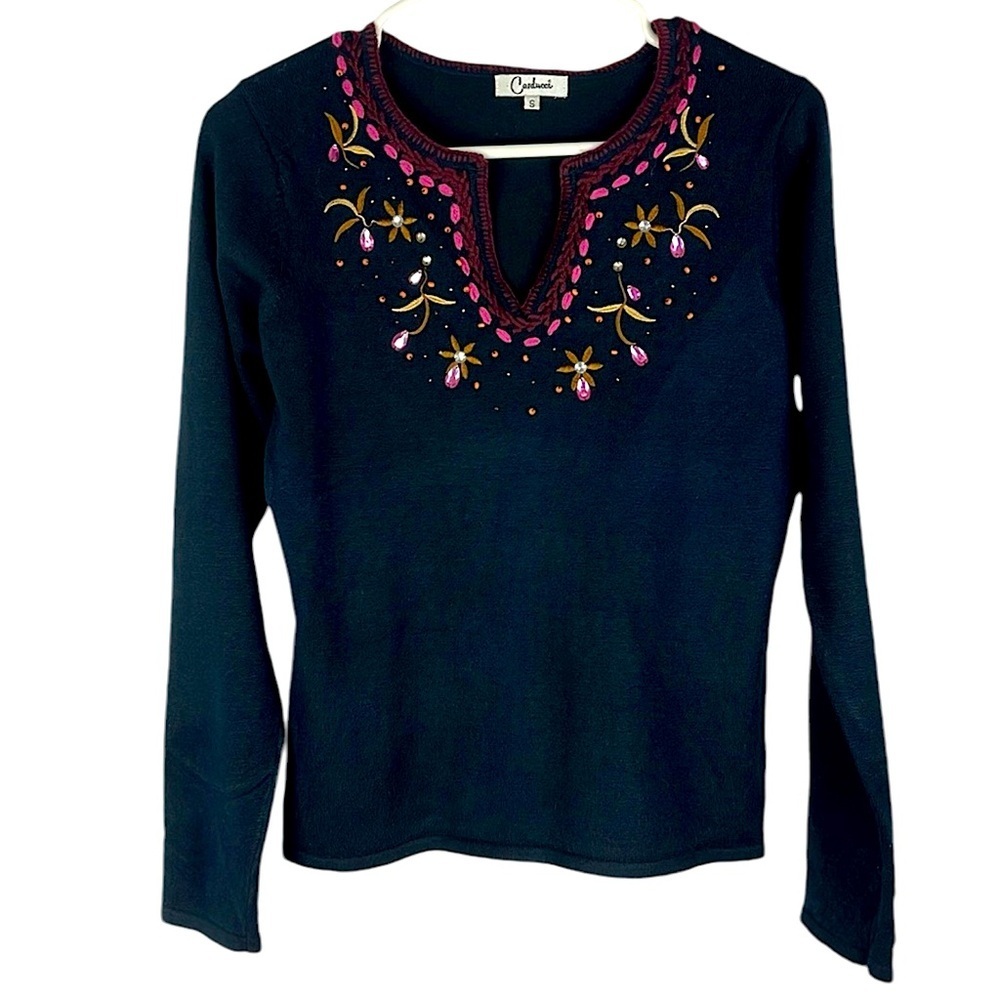 Carducci popover swtr embellished split neckline lng sleeves blk/brwn/pink Sz S
